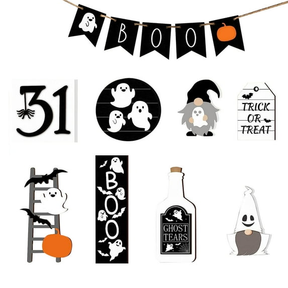 TERGAYEE 9 Pcs Halloween Tiered Tray Decor Set,Cute Halloween Wooden Signs Rustic Tiered Tray Decoration Items For Home Table House Room Kitchen Party