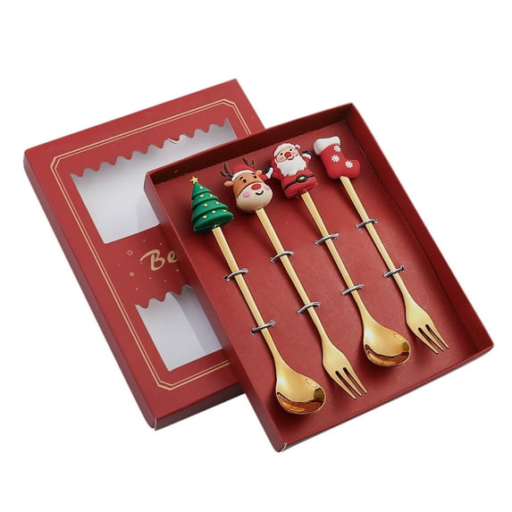TERGAYEE Christmas Spoon Fork Set with Gift Box,Gold Stainless Steel Dessert Spoon Fork Tea Spoon with Christmas Pendant for Xmas Party Tableware Decor