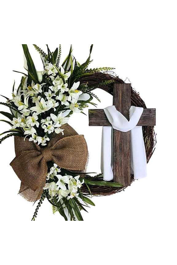 Easter Wreath with Cross Garland,Easter Wreath Decor for Front Door Welcome Home Sign Easter Garland Rustic Grapevine Wreath Spring Flower Decorating Easter Home Decor