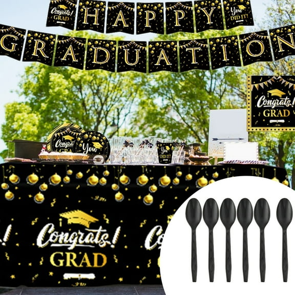 TERGAYEE Graduation Party Supplies Set,Black Gold Graduation Plates Cup Napkin Fork Knife Spoon Straw Disposable Dinnerware Set for Congrats Grad Party Decorations