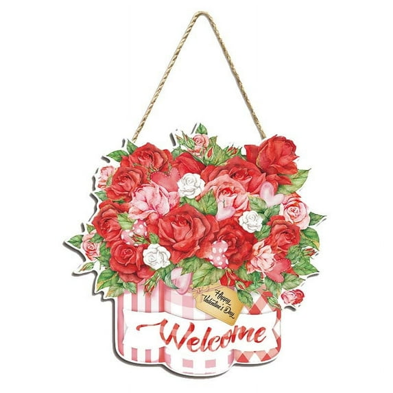 TERGAYEE Happy Valentine's Day Wooden Door Hanging Sign,Valentine's Day Rose Bouquet Wooden Hanging Sign Conveys A Romantic Festive Felling Wall Decoration Wall Hanging Wall Wooden Board