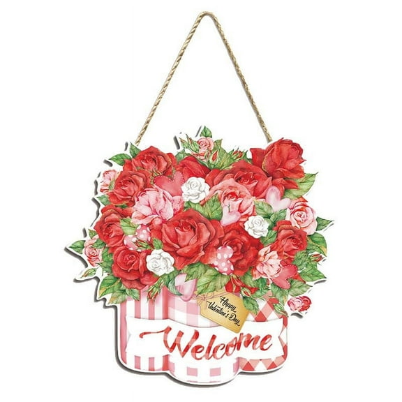 TERGAYEE Happy Valentine's Day Wooden Door Hanging Sign,Valentine's Day Rose Bouquet Wooden Hanging Sign Conveys A Romantic Festive Felling Wall Decoration Wall Hanging Wall Wooden Board