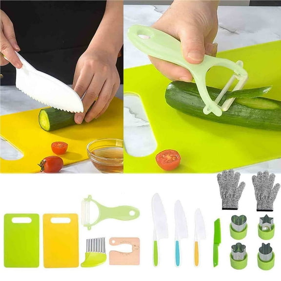 Vikakiooze Kids Knives Set for Real Cooking,15pcs Toddler Knife Set with Cutting Board,Kids Safe Knife,Peeler,Plastic Potato Slicers,Fruit Cutters and Fork Picks for Kitchen