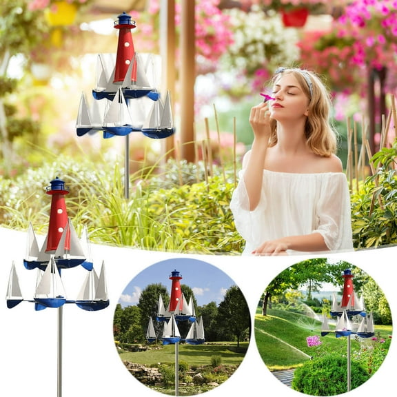 TERGAYEE Kinetic Art Wind Sculpture,Summer Lighthouse Sailboat Windmills,Metal Decor for Yard Garden,Outdoor Metal Wind Rotator for Lawn Outside