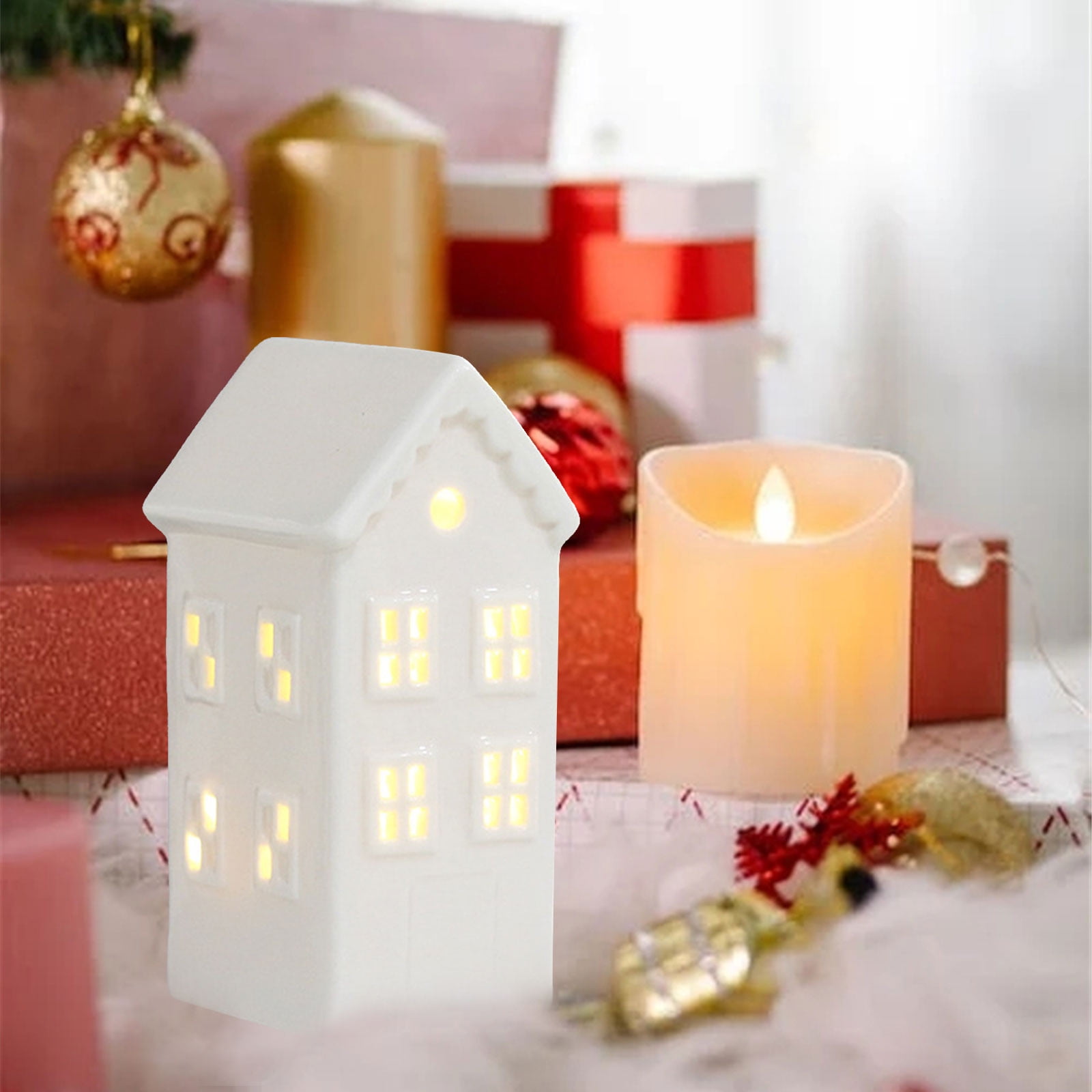 TERGAYEE Light up Christmas Ceramic Village Houses,White Ceramic