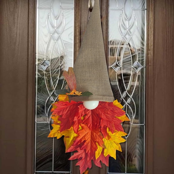 TERGAYEE Maple Leaf Gnome Door Hanging,Lighted Artificial Fall Gnome Wreath with Maple Leaf beard,Home Wall Window Halloween Wreath Decorations,Thanksgiving Wreath