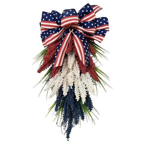 TERGAYEE Patriotic Wreath for Front Door,4th of July Wreath Memorial Day Teardrop Swag with White Blue and Red Flag Bow,Upstairs Wreath Front Door Decoration Hanging Ornaments