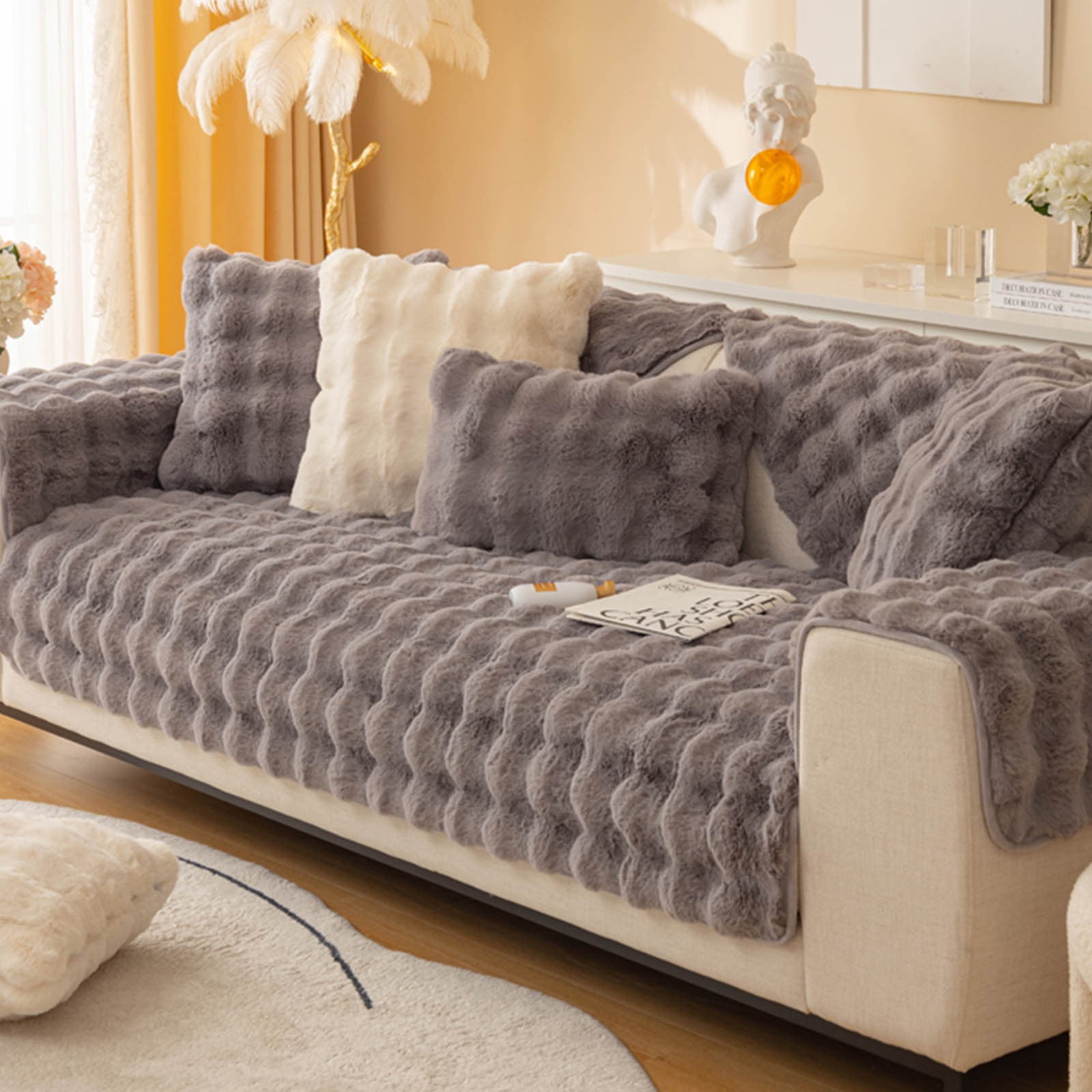 TERGAYEE Rabbit Plush Sofa Cover Non Slip Sofa Cushion Covers Super Soft Faux Fur Throw Couch Cover Puffy Couch Cushion Covers Washable Furniture
