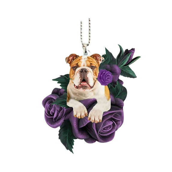 TERGAYEE Rose Series Dog Car Pendant,Cute Dog and Purple Roses Printed Flat Car Rear View Mirror Accessories,Car Accessories Dog Lovers Gift