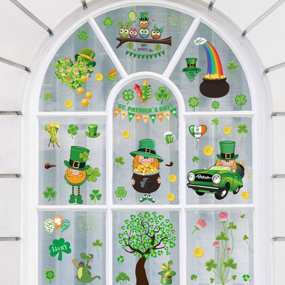 TERGAYEE St Patrick's Day Decorations,Saint Patrick's Day Shamrock Clover Leprechaun Static Window Stickers Decals for St. Patty's Day Irish Lucky Day Party Decorations