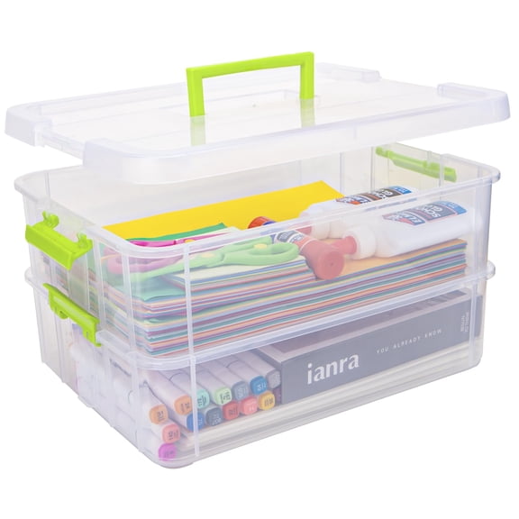 TERGOO 2 Layer Plastic Storage Containers with Lids, Multipurpose Clear Stack & Carry Box, Portable Craft Organizers and Storage Bin for Organizing Art & Craft, Sewing, Makeup, Nail Supplies (Blue)