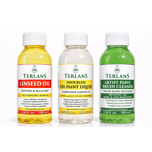 TERLANS Oil Painting Mediums/Odourless Paint Liquid/Linseed Oil/Oil Brush Cleaner 3x3.38 fl oz (3x100 ml)