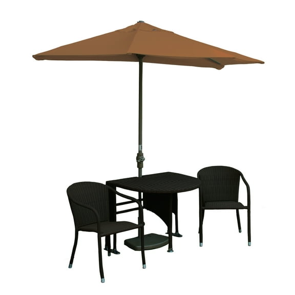 TERRACE MATES ADENA All-Weather Wicker Java Color Table Set w/ 7.5'-Wide OFF-THE-WALL BRELLA - Teak Canopy
