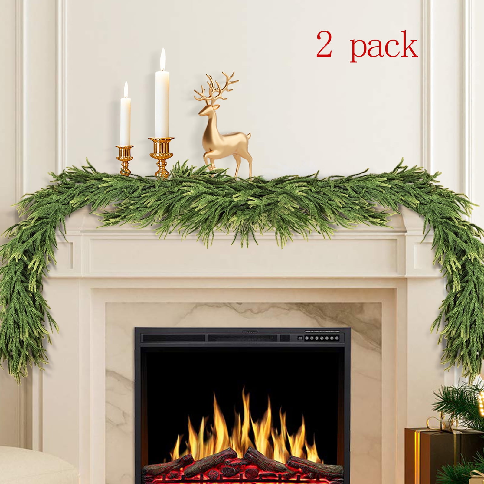 TERRALYX 2 Pcs 6 Ft Christmas Garlands Artificial Norfolk Pine Garlands, Real Touch Winter Pine Garland, Green Artificial Greenery Garland for Table, Mantle, Wall, Indoor, Outdoor Christmas Decoratio