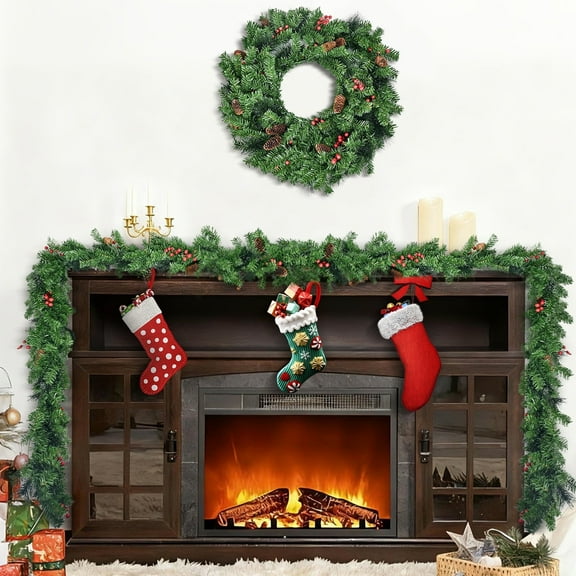 TERRALYX Christmas Garland with 50 LED Lights 9FT Greenery Xmas Garland with 13 Pine Cones 14 Red Berry Branch for Front Door Fireplace Table Centerpiece Home Decoration