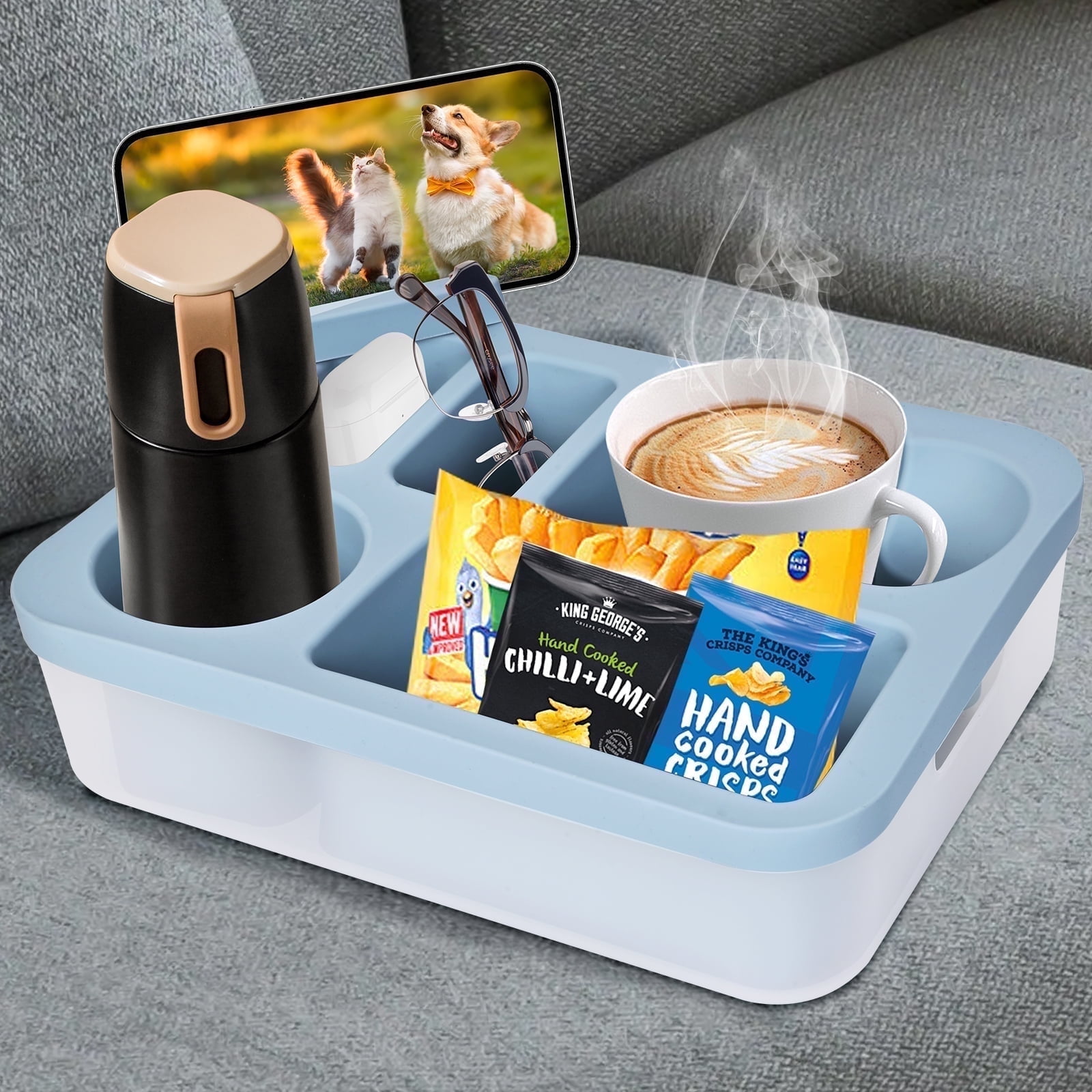 Walmart Deal of TERRALYX Couch Cup Holder,Couch Caddy with Handle for Car Back Seat,Beach,Waterproof Anti Spill Bed Caddy Organizer,Movie Night Sofa Arm Tray for Snack Beverage Remote with Phone Stand(Blue)