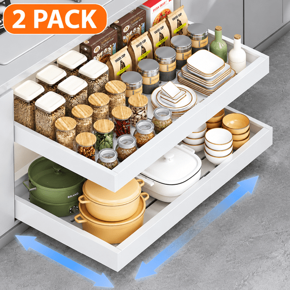 TERRALYX Expandable Pull Out Cabinet Organizer(12"-20"W), 16.5" Deep 2 Pack Heavy Duty Slide out Drawer for Cabinets Fixed with Adhesive Nano Film for Kitchen, Bathroom, Under Sink Storage