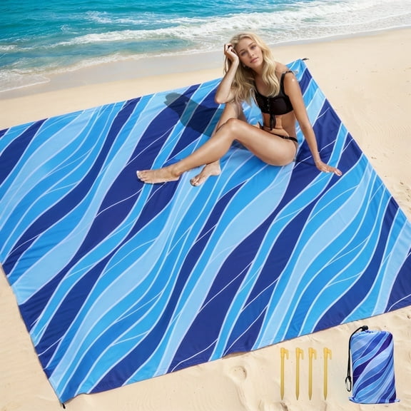 TERRALYX Beach Blanket Waterproof Sandproof 79" x 82"Beach Mat for 4-7 Adults with 4 Pocket and Stakes Sand Blanket Large Picnic Mat for Travel Camping