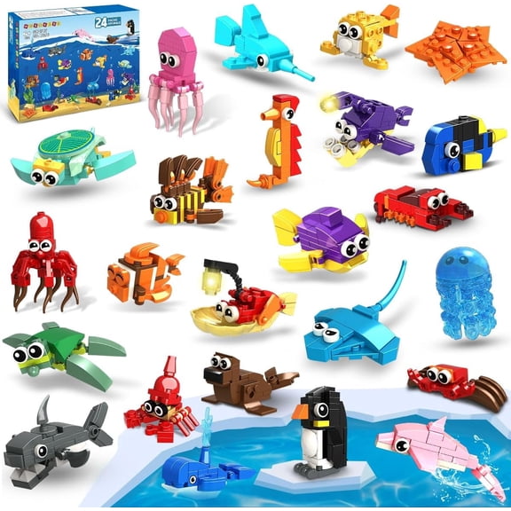 TERRAMUS 24 Pack Party Favors Marine Animals Building Set, 629 PCS Mini Ocean Creature Bricks Bulk Box, Toys for Kids Ages 6+