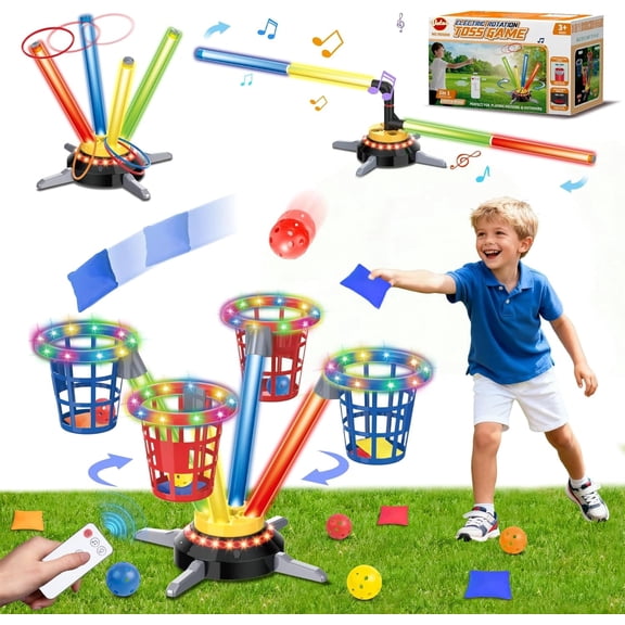 TERRAMUS 3-in-1 Bean Bag and Ring Toss Game Set, Active Motion Spinning Base Yard Sport Toy with 12 Sandbags 12 Rings 12 Balls for Kids Age 3+