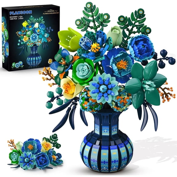 TERRAMUS Flowers Building Set with Vase, 1309 Pcs Peacock Floral Flower Bouquet Botanical Block Kit for Adults Girls Age 12+