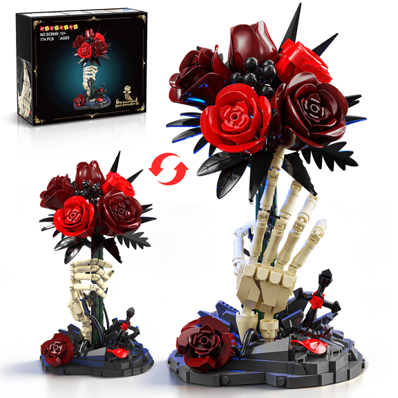 TERRAMUS Gothic Skeleton Hand Flower Bouquet Building Set, 774Pcs Light-Up Red Rose Botanical Kit with Cross Base, Dark Decor Gifts Adults 12+