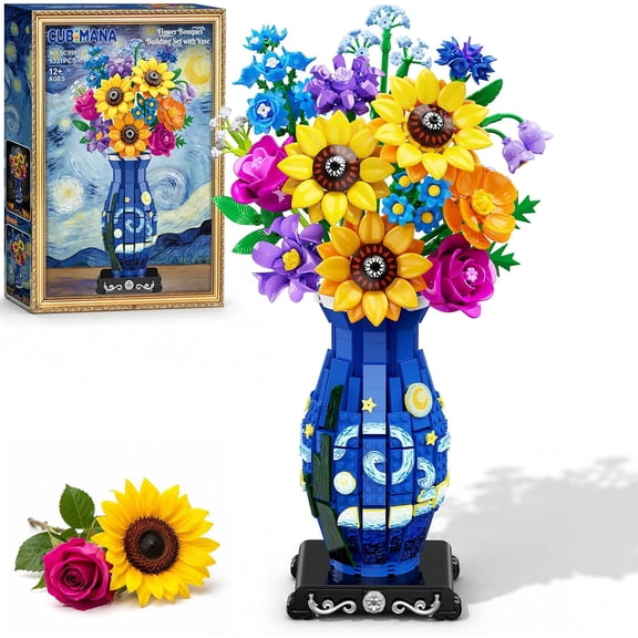 TERRAMUS Impressionist Flower Bouquet Building Set, Botanical Bricks Set with Starry Vortex Vase Centerpiece for Women Kids Teens Ages 8+
