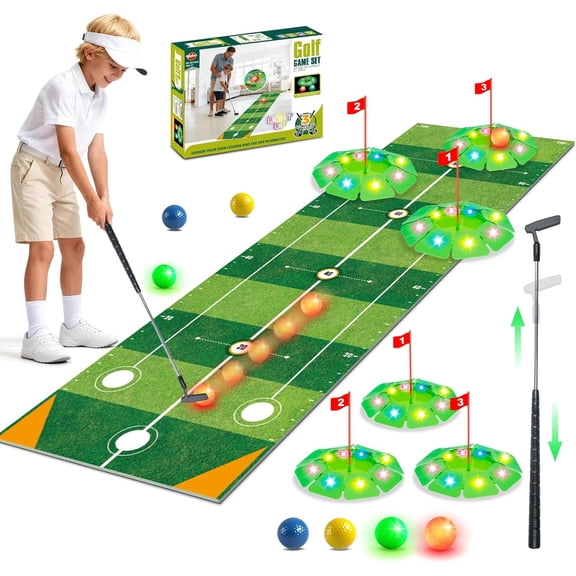 TERRAMUS Kids Golf Toy Set, 6.5ft Putting Mat Adjustable Putter 3 Target Holes 4 High-Visibility Balls Indoor Outdoor Sport Game Gift Kids Age 3+