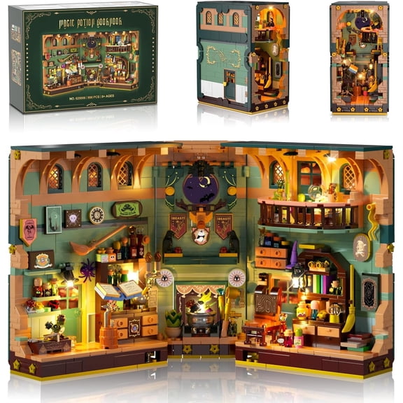 TERRAMUS Magic Potion Book Nook Building Set with Light, 0-180 Folding Magic Book Library Bricks, Bookshelf Decor Toys for Kids Adults Ages 8+ (990 PCS)