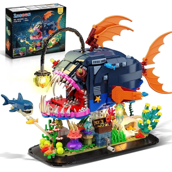 TERRAMUS Mechanical Anglerfish Building Set, 1139 Pcs Deep Sea Lantern Fish Ocean Animal Block Kit with Moving Gear Base Decor Gift Age 12+