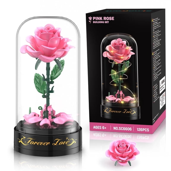 TERRAMUS Pink Rose Bouquet Building Set with Display Dome, Artificial Flower Botanical Collection, Creative Home Decor Gift for Women Age 12+