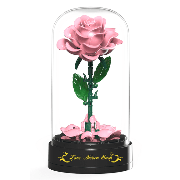 TERRAMUS Pink Rose Bouquet Building Set with Display Dome, Artificial Flower Botanical Collection, Creative Home Decor Gift for Women Age 12+