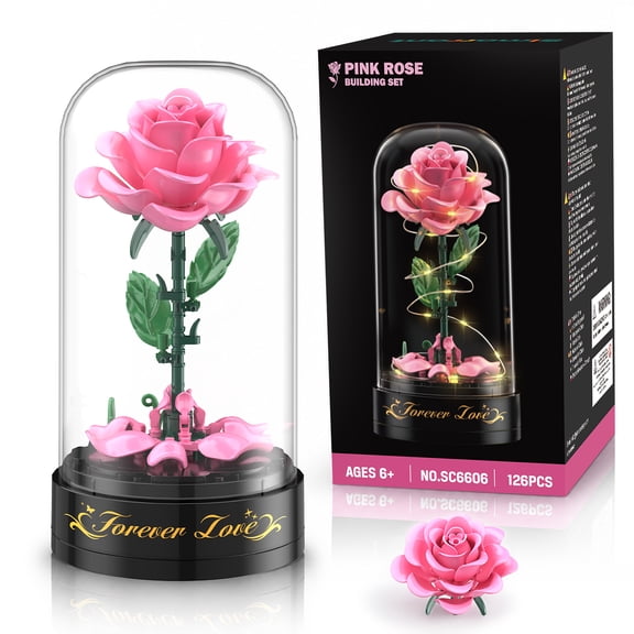 TERRAMUS Pink Rose Bouquet Building Set with Display Dome, Artificial Flower Botanical Collection, Creative Home Decor Gift for Women Age 12+