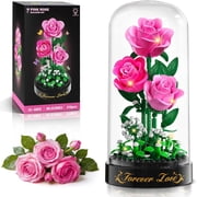 TERRAMUS Pink Rose Flowers Building Set with Dust Dome, 219 Pcs Botanical Collection Bouquet Block Kit for Home Office Decor Gift for Women Age 12+