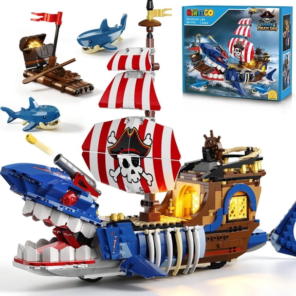 TERRAMUS Shark Pirate Ship Building Set, 887 Pcs Ocean Adventure Exploration Boat Building Blocks Kit Toy for Boys Girls Kids Age 8+