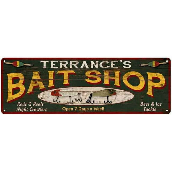 TERRANCE'S Bait Shop Sign Wood Look Man Cave Den Gift 6x18 Metal 106180024297
