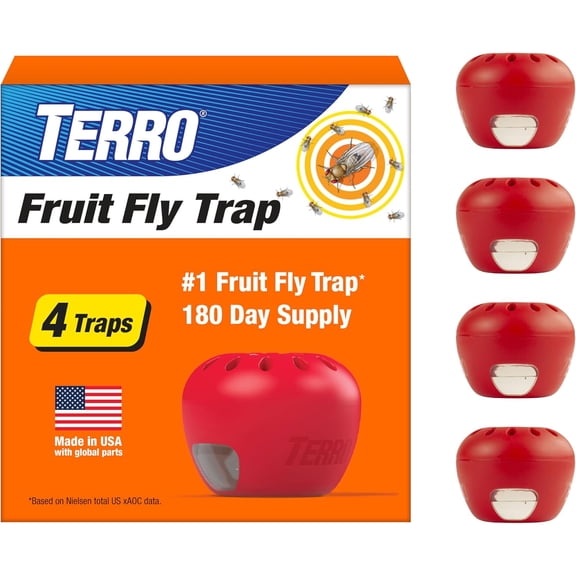 TERRO Fruit Fly Traps for Indoors (4 Pack) + 180 Days of Lure Supply - T2503SR - Lure and Kill Indoor Fruit Flies Near Fruit, Trash Cans, Countertops - Ready to Use Trap - 180 Day Supply