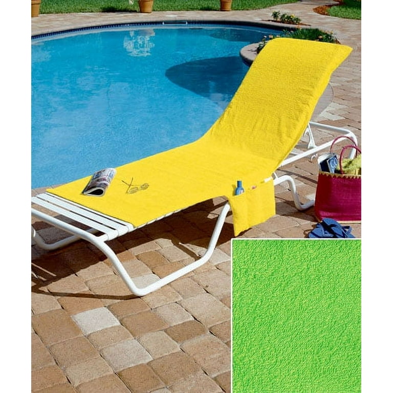 TERRYCLOTH POOL CHAISE LOUNGE LIME GREEN CHAIR COVER WITH POCKETS CONVERTS TO TOTE