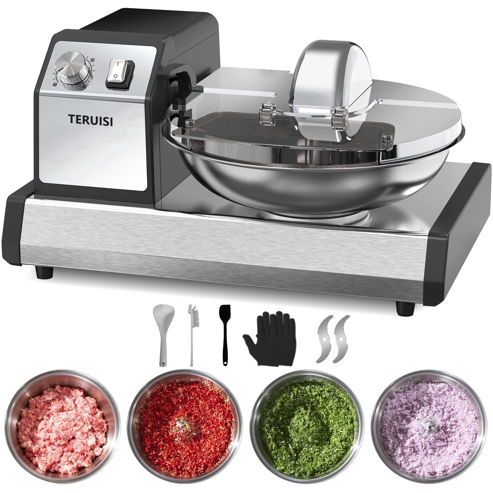 TERUISI Commercial 250W Heavy Duty Electric Food Processor with 1500RPM Blade, 6QT Stainless Steel Bowl and Timer