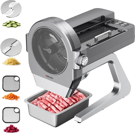 TERUISI Commercial Vegetable Chopper, 300W Auto Feed Stainless Steel Meat Slicer, 440LBS/H Output Food Cutter Machine with 1-10mm Slicing, 3mm Shredding & 2 Dicing Sizes