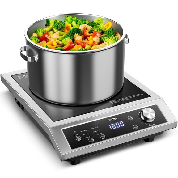 TERUISI Commercial Induction Cooktop, 1800W Portable Electric Burner with Stainless Steel Surface, LCD Control, 6 Power Levels, 8 Temp Settings