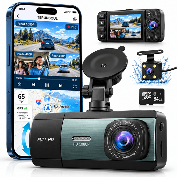 TERUNSOUL Dash Cam Front and Rear, 1080P Dash Camera for Cars, 3 Channel Car Camera Front Rear and Inside with 64GB Card, Loop Recording, Night Vision, HDR, 24Hr Parking, G-Sensor