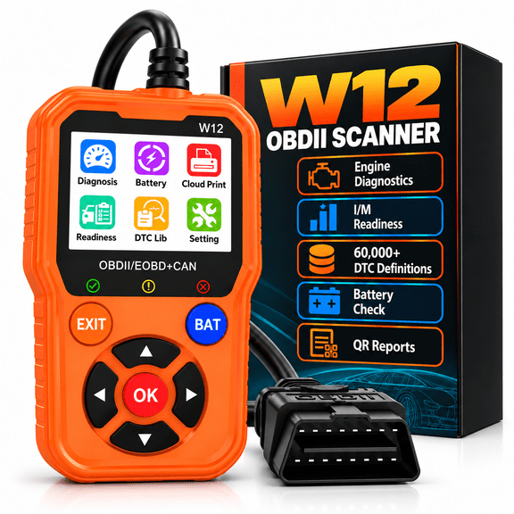 TERUNSOUL W12 OBD2 Scanner Diagnostic Tool with Battery Test, 60,000+ DTC Library, Live Data, Cloud Print, 2.4" IPS Screen