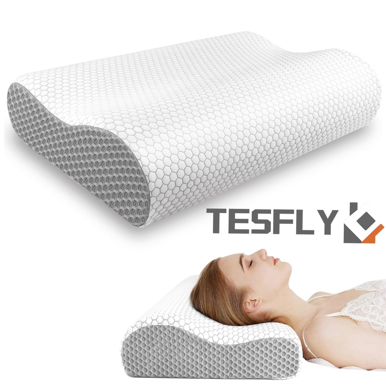 TESFLY Cervical Neck Pillow for Pain Relief, Contour Memory Foam Pillows for Sleeping, Odorless Ergonomic Pillow Adjustable Orthopedic Cooling Pillow Bed Pillow