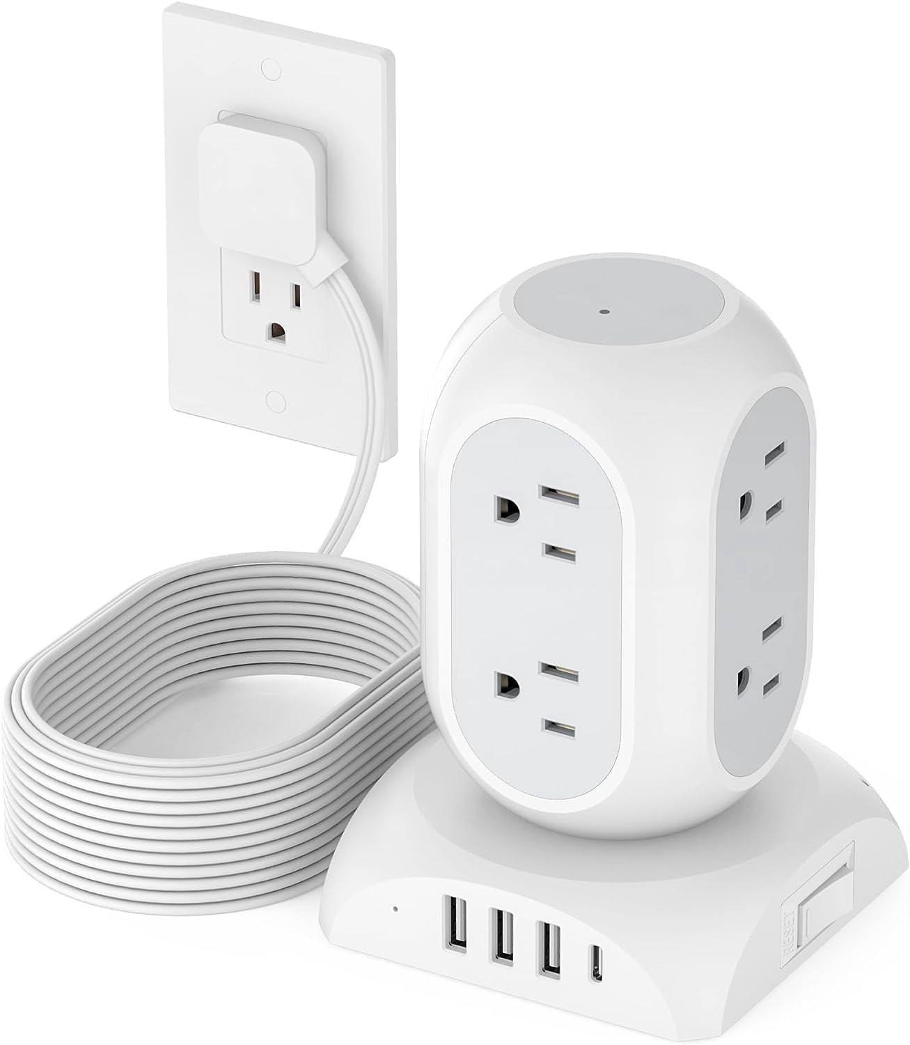 10Ft Surge Protector Power Strip Tower 8 Outlets 3 USB & 1 USB C Ports,1050J Protection Desk Charging Station for Home, Office ,School, Dorm Room,Gery