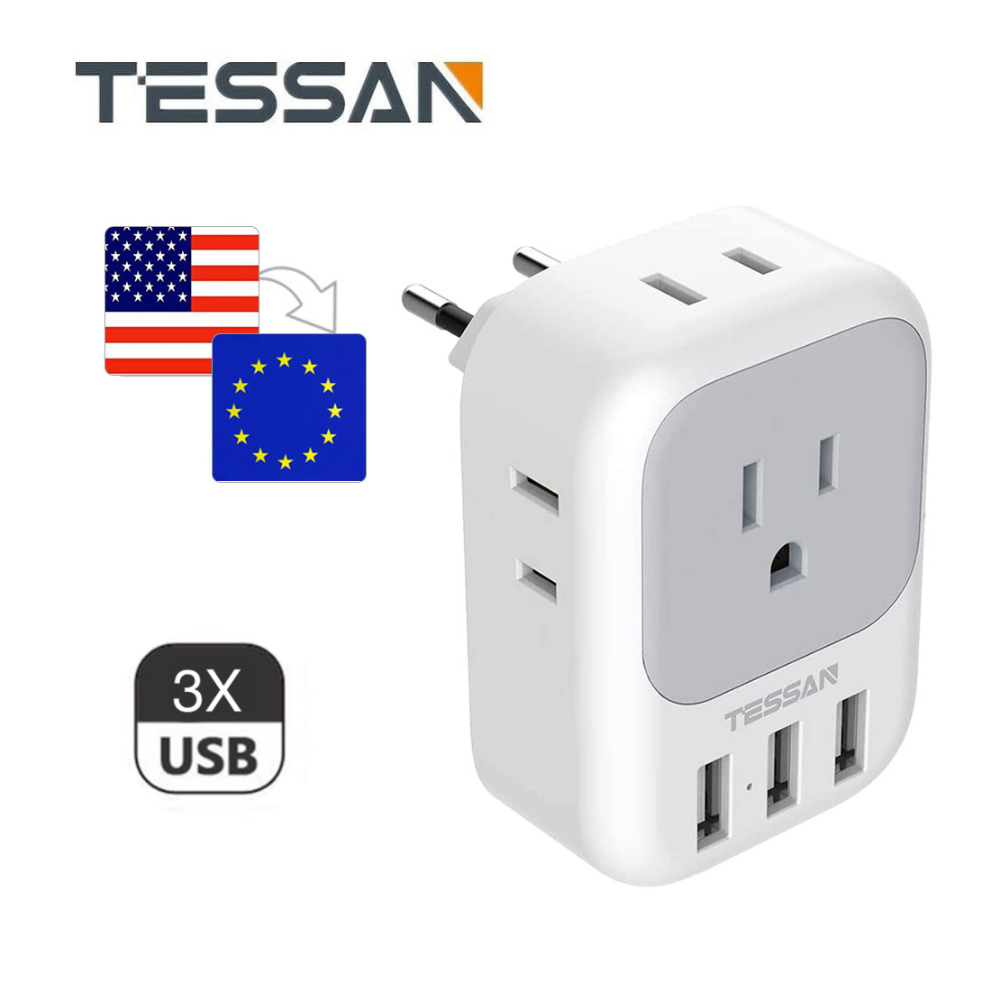 TESSAN 7 in 1 Plug Adaptor with 4 AC Outlets and 3 USB Ports, Type C