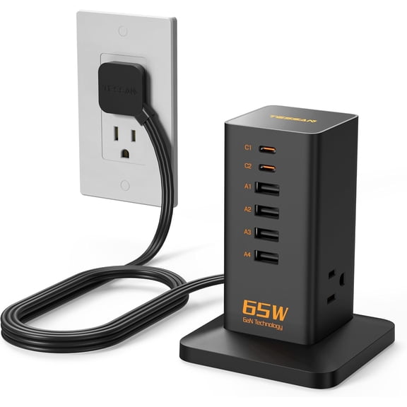 TESSAN Charging Station, 3 AC Outlets, 2 USB-C and 4 USB-A Ports, 65W, White