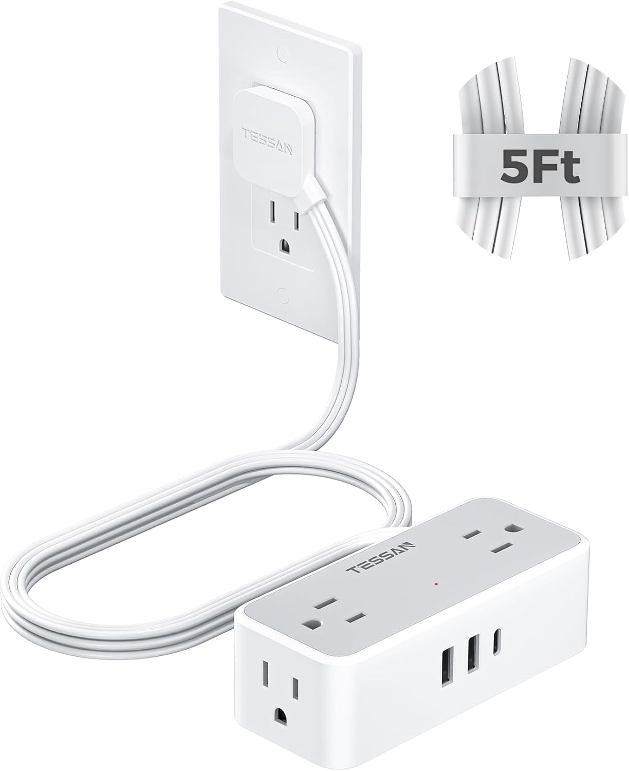 Flat Plug Extension Cord 5 FT, Surge Protector Power Strip with 4 AC Outlets 1 USB C and 2 USB A Ports, 900 Joules Protection, Multiple Wall Outlet Extender Suitable for Office Dorm, Grey