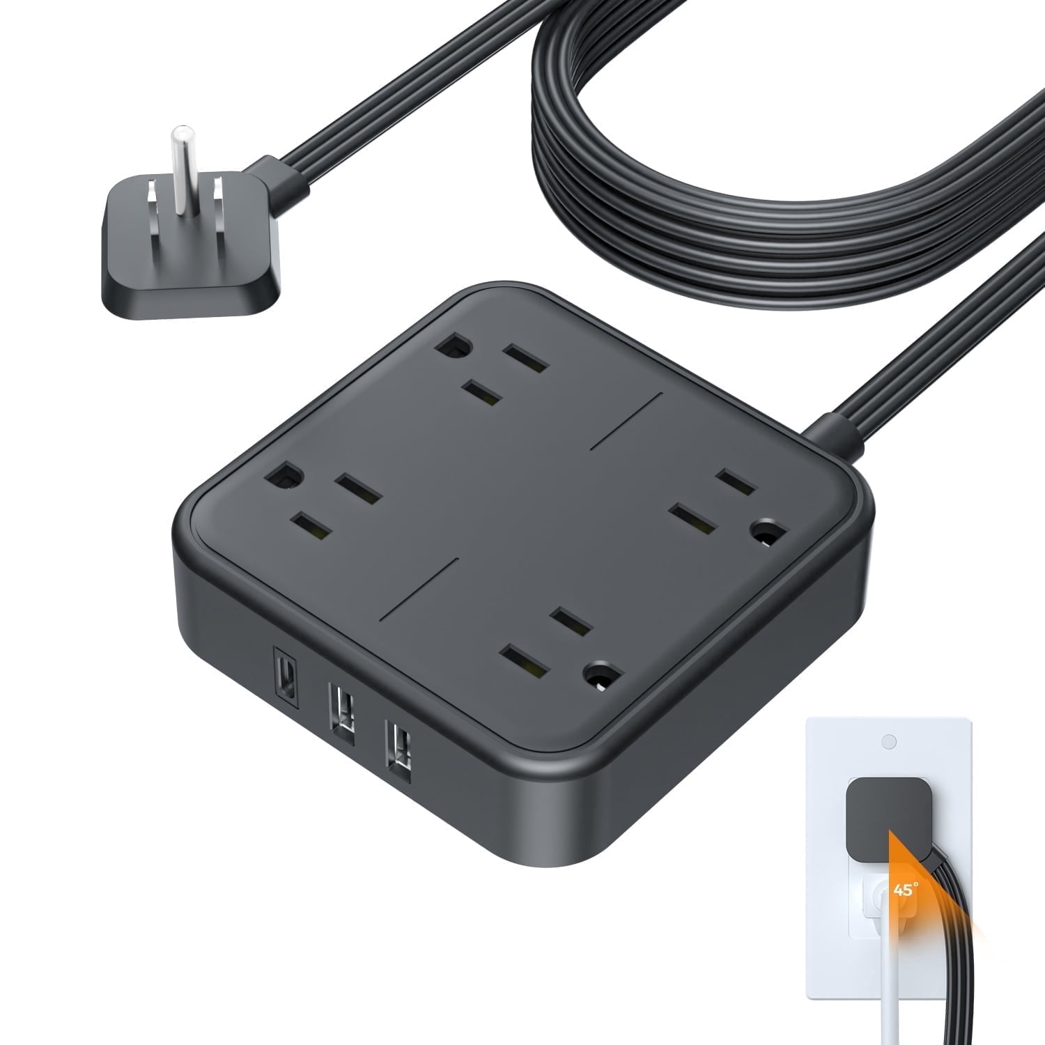 10Ft Extension Cord Power Strip with 4 Outlets & 3 USB (1 USB C), Ultra Thin Flat Surge Protector, Black