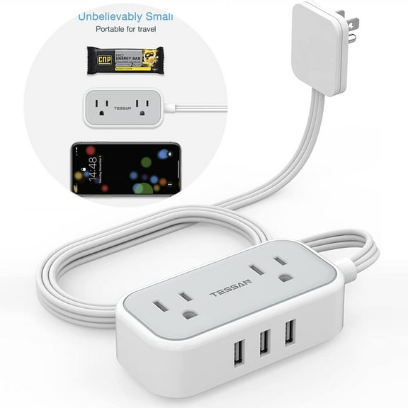 TESSAN Mini Power Strip with 2 AC Outlets 3 USB Ports,5ft for Travel